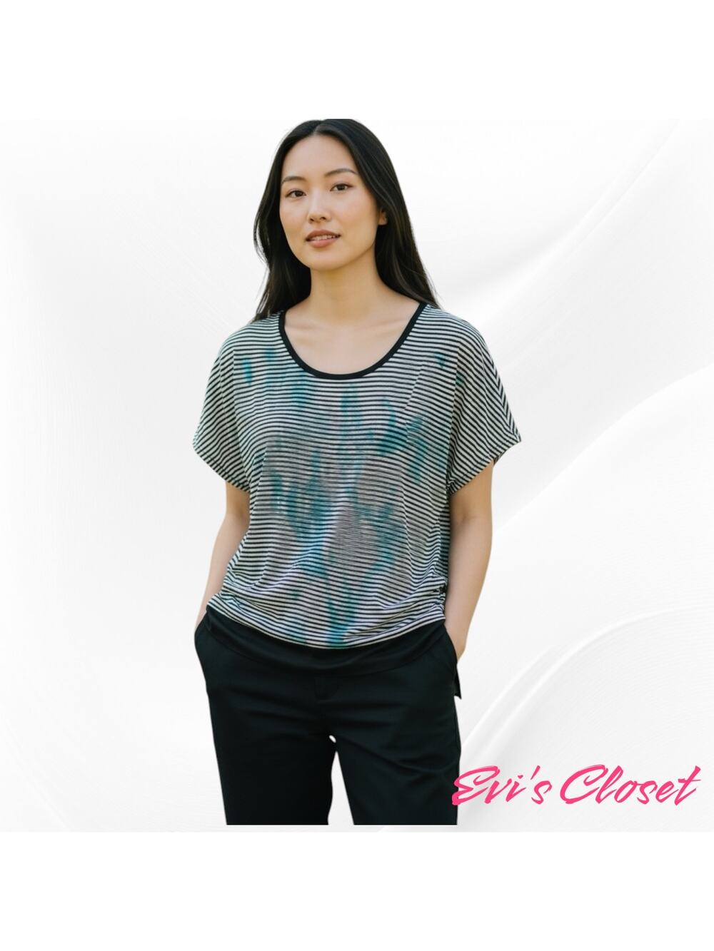 Michael Kors Top Sz L. Striped Scoop Neck Short Dolman Short Sleeves Blue Green